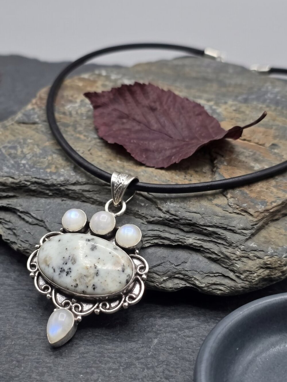 Kiwi Jasper Moonstone 925 Sterling Silver Pendant Black Leather Cord Artisan 18"